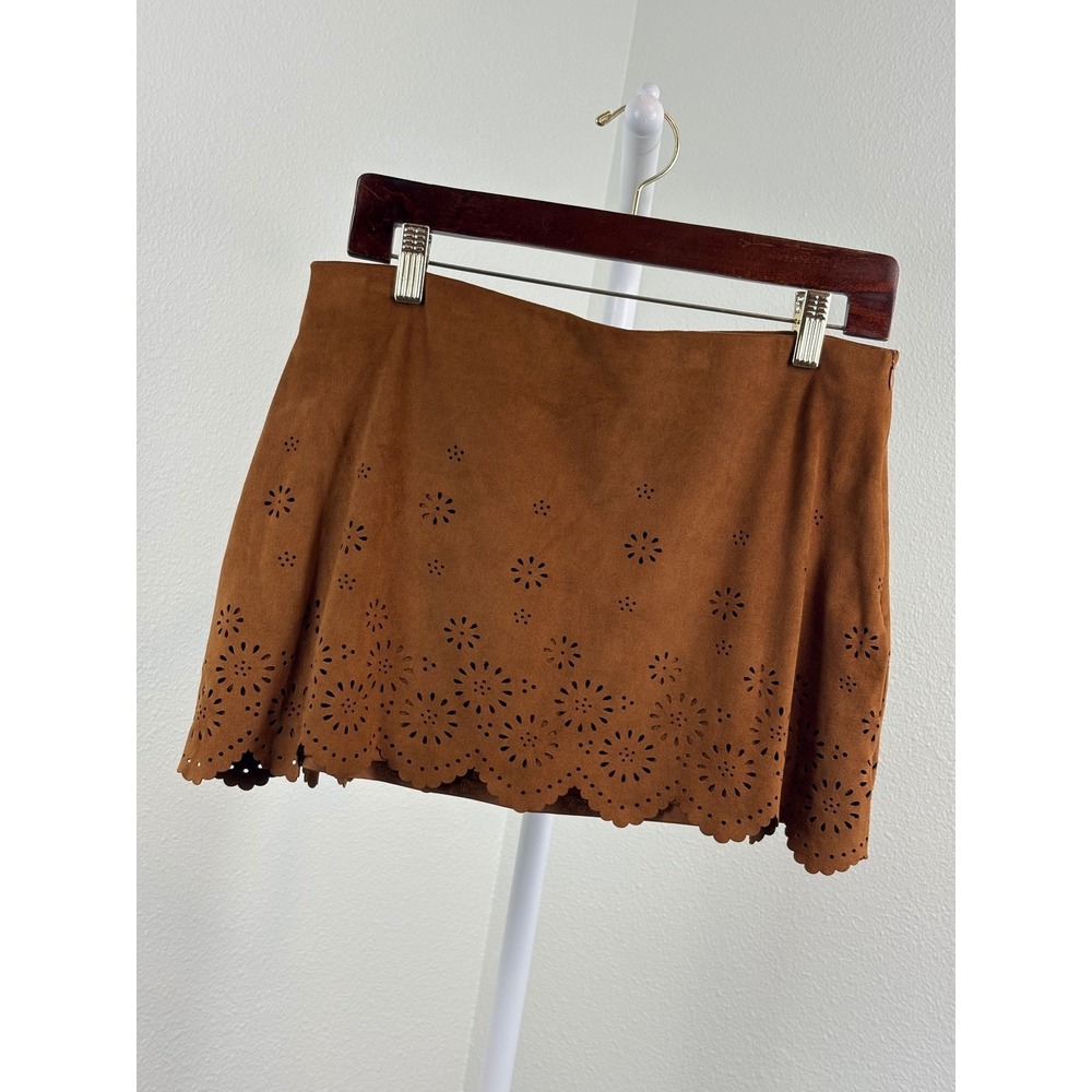 Zara‎ Trafaluc Large Chocolate Brown Faux Suede Mini Skirt Scallop Boho Fall